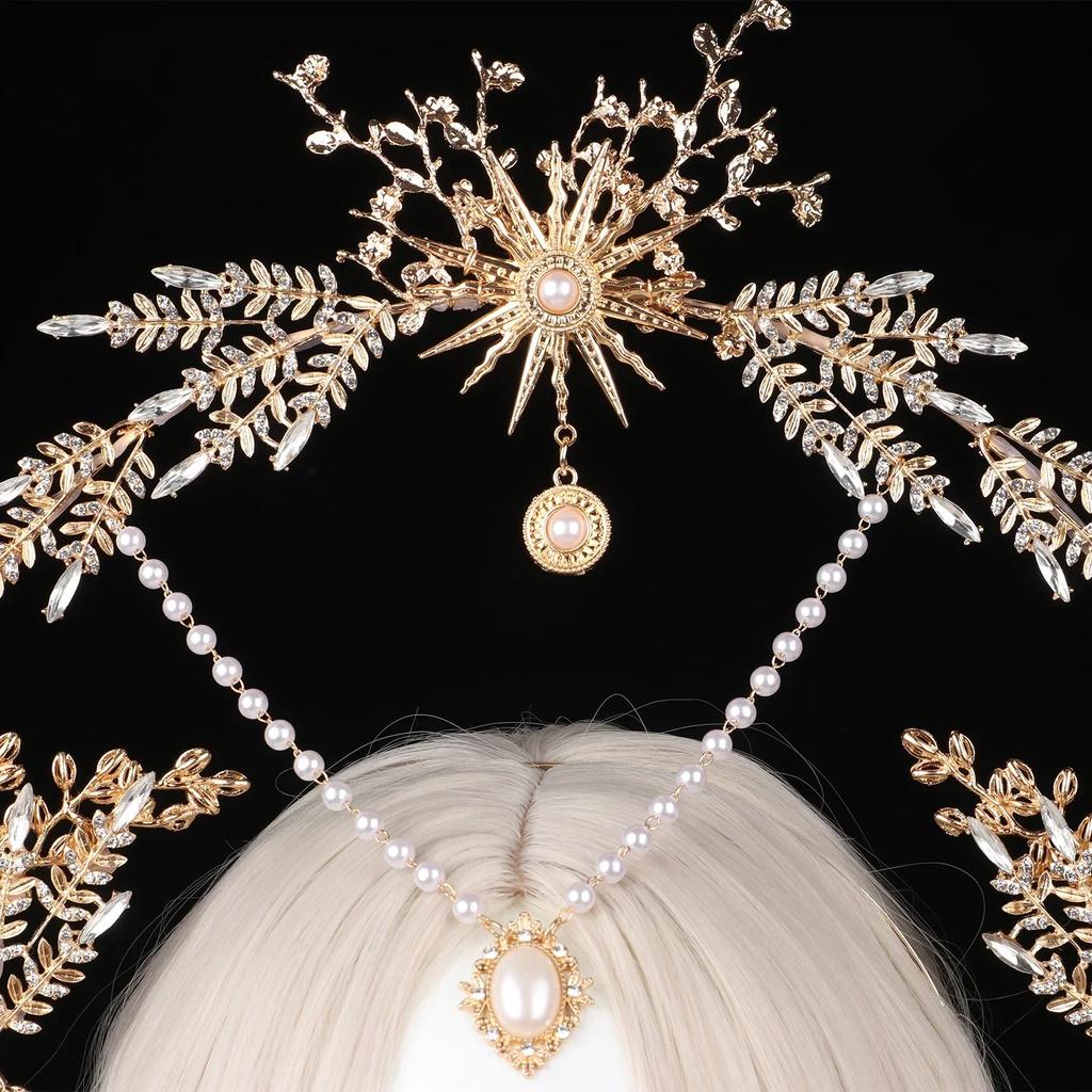 Corona Halo KC Dea del Sole Lolita Fatta a Mano Corona Nuziale Sposa Corona Foglia Cristallo Dorato Barocco Accessori per Capelli Tiara