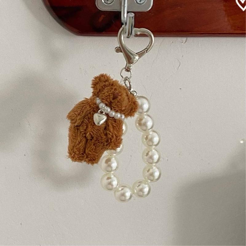 Modern Plush Bear Phone Charm Keychain with Imitation Pearls Bag Pendant Keyring Comfortable to Carry for Daily Use