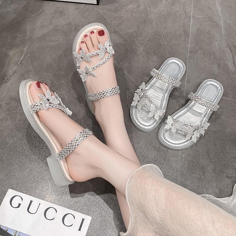 Summer fairy style casual slippers wear spring new fashion high-end slippers beach butterfly rhinestone one-word drag
