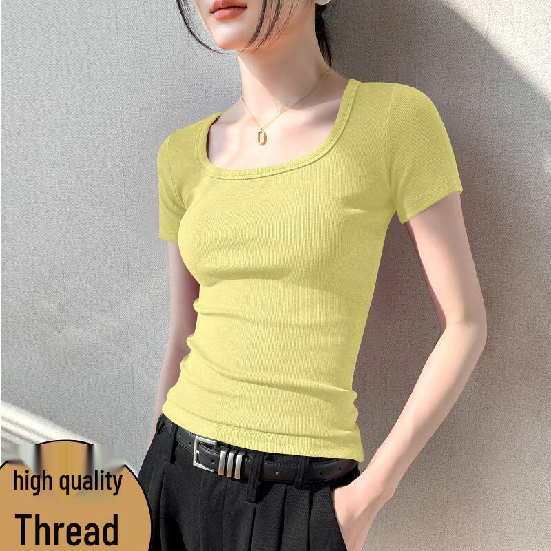 Damen Europäischer Trend Geripptes Quadratischer Ausschnitt Kurzarm T-Shirt - Atmungsaktiv, Anti-Pilling Mode