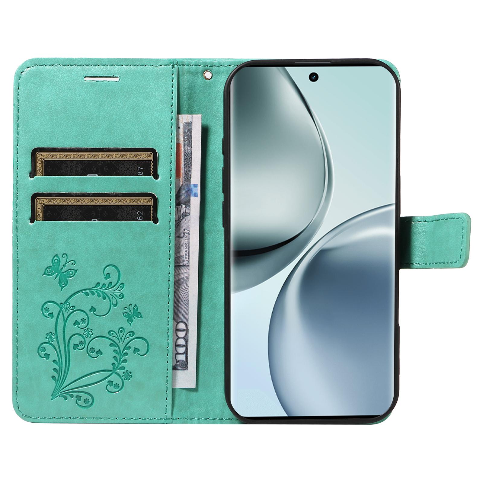 

For Realme 14 Pro 5G Wallet Case Floral Butterfly Imprinted Leather Phone Cover Stand Green
