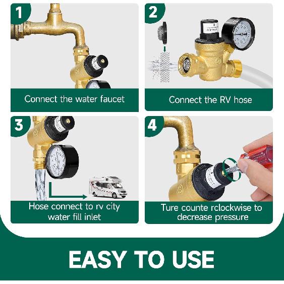 RV Water Pressure Regulator, Brass Lead-Free Adjustable Water Pressure Reducer With Pressure Gauge, Includes 2-In-1 Screwdriver, 2 Strainers, Raw