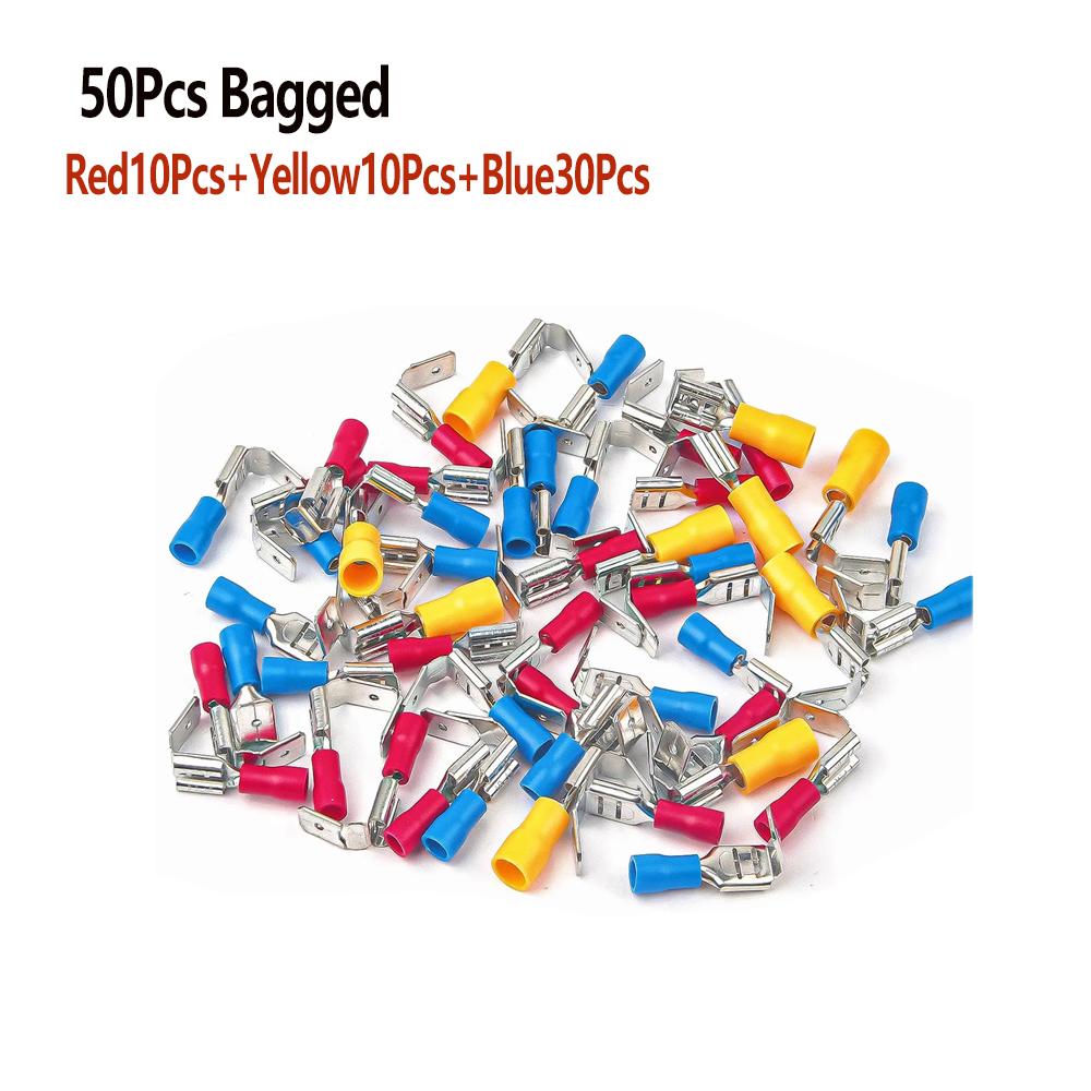 50/100Pcs Bagged Cold Pressed Terminal Kit Insulated Quick Connect Crimp Connectors for Automotive Wiring Red Blue Yellow