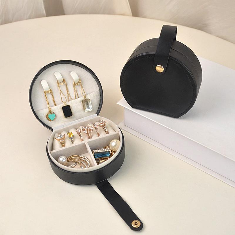 Portable Round Jewelry Box Mini Pu Leather Case For Rings Earrings Necklaces