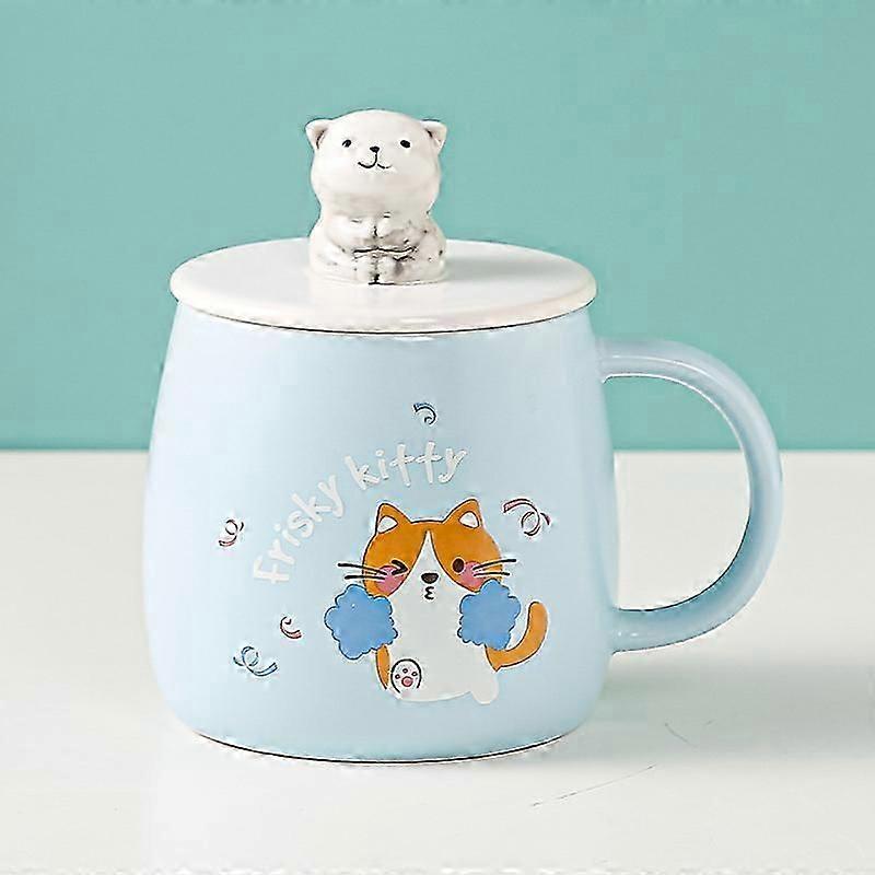 Cat Mug, Cute Ceramic Coffee Mug, with 3D Cat Shaped Lid and Spoon 8.8x8.2cm (Blue)