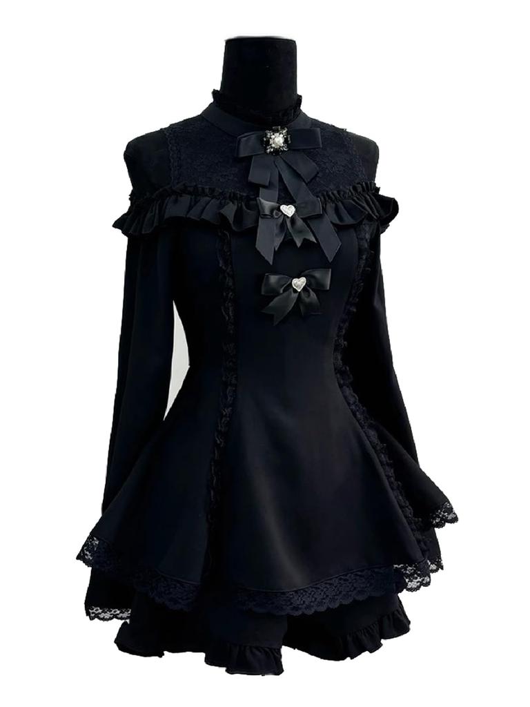 Qichenk Gothic Choker Neck Plus Long Gothic Size S Dress, Black, Size, Off-the-Shoulder, Sleeves, Lolita, Sexy, Simple, Cute, Hdjtz-black,