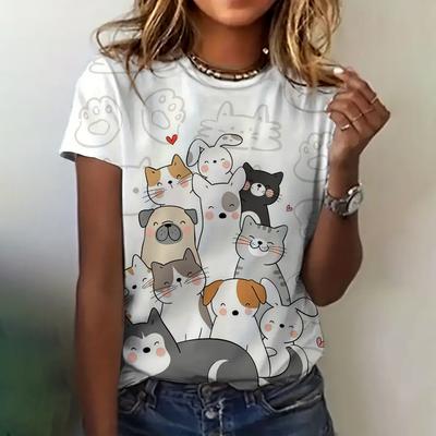 Camiseta Roupa Feminina Verão Gola Redonda Respirável Manga Curta Gato Estampa Fofa Top Solto Casual Roupa Camiseta Feminina