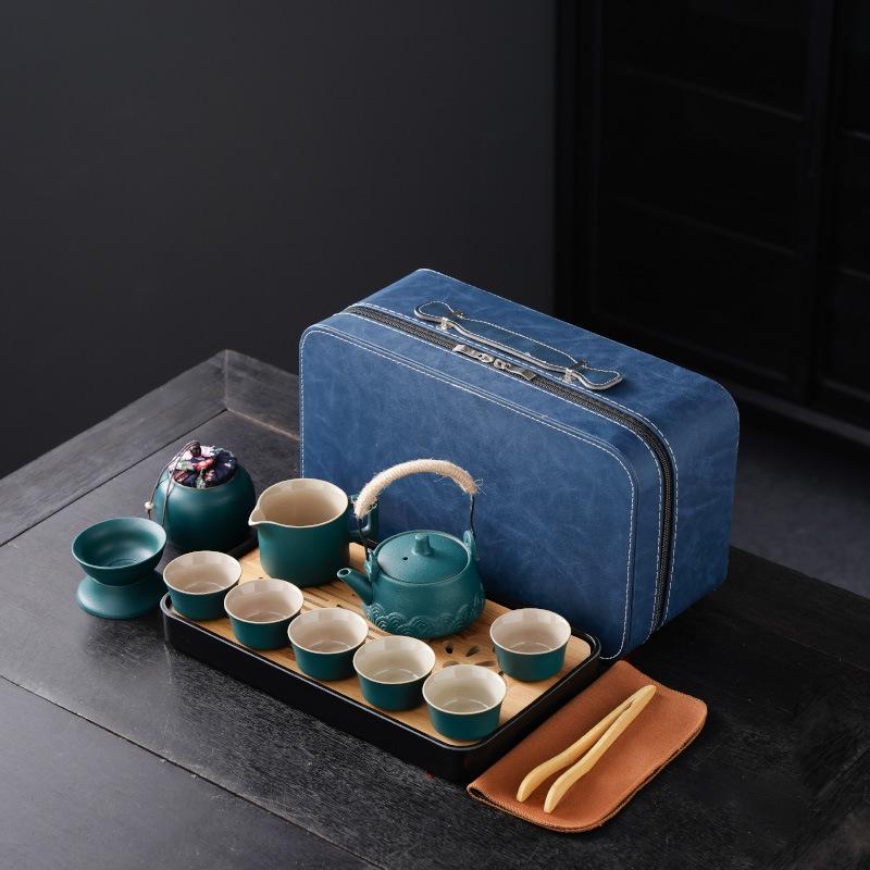 High-End Portable Ceramic Tea Set with Teapot, Teacups, and Tray for Household or Outdoor Use
