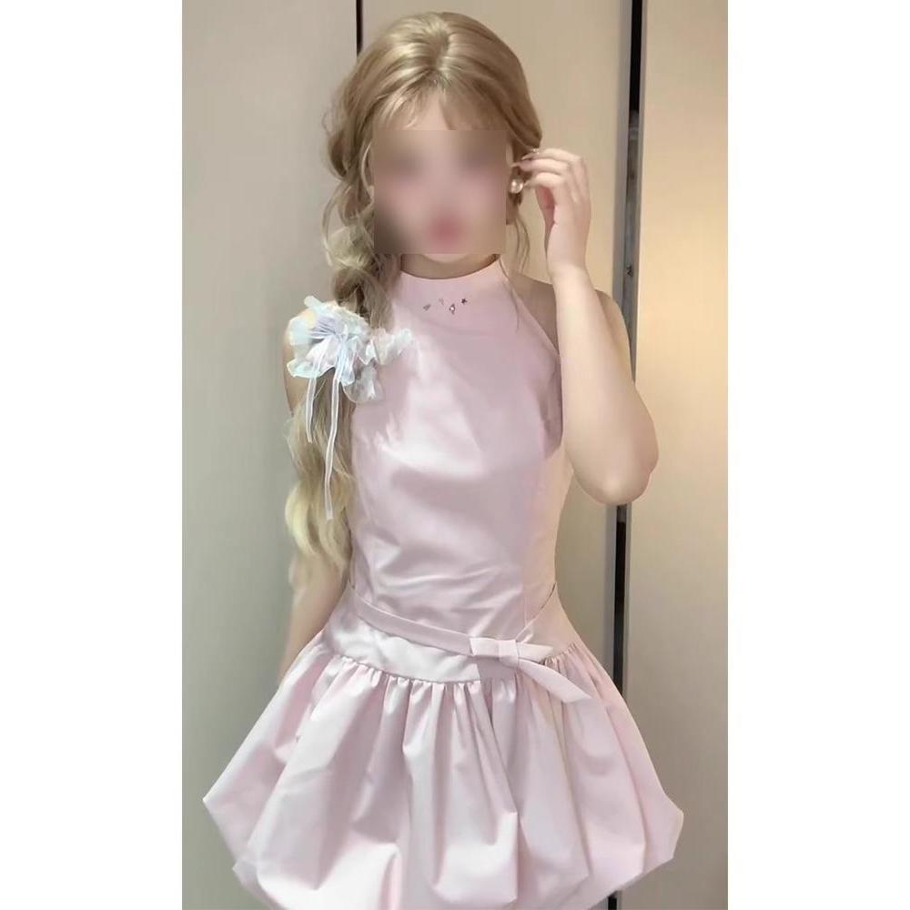 Rosa ärmelloses Halskleid Kinder Sommer elegant neu Taille süß und würzig kleines A-Wort kurzer Rock