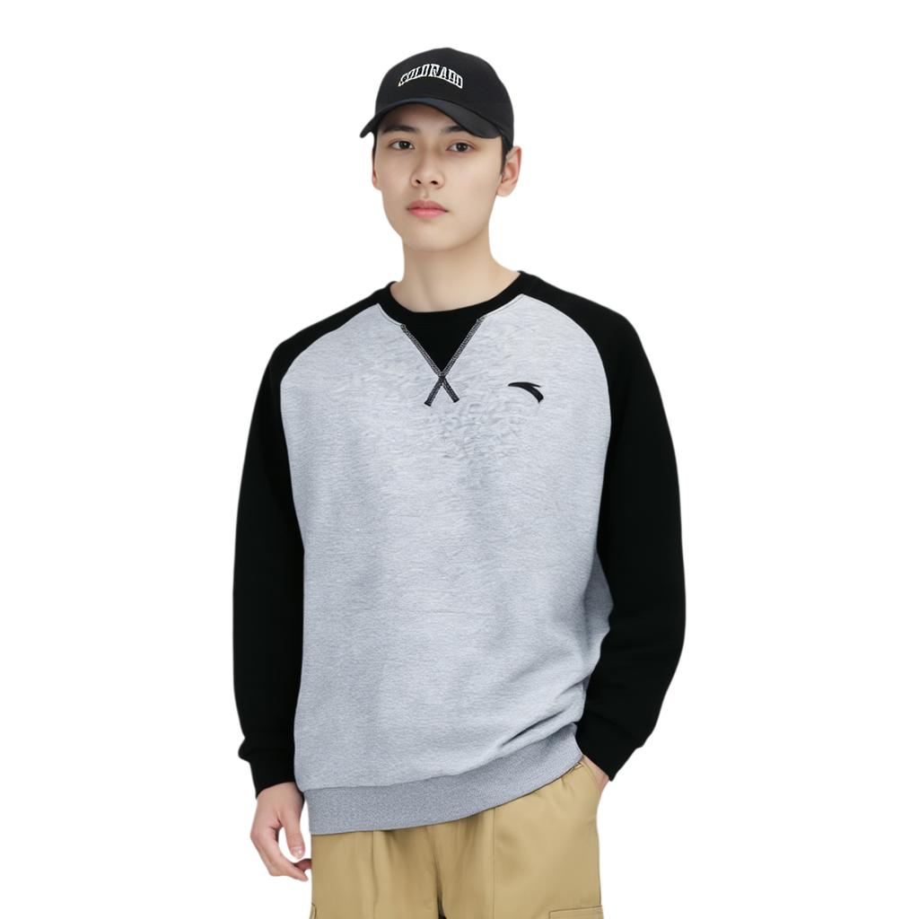 Anta Color Block Logo Round Neck Pullover Long Sleeve Sweatshirt Men Sweatshirt Gray 952147768-1