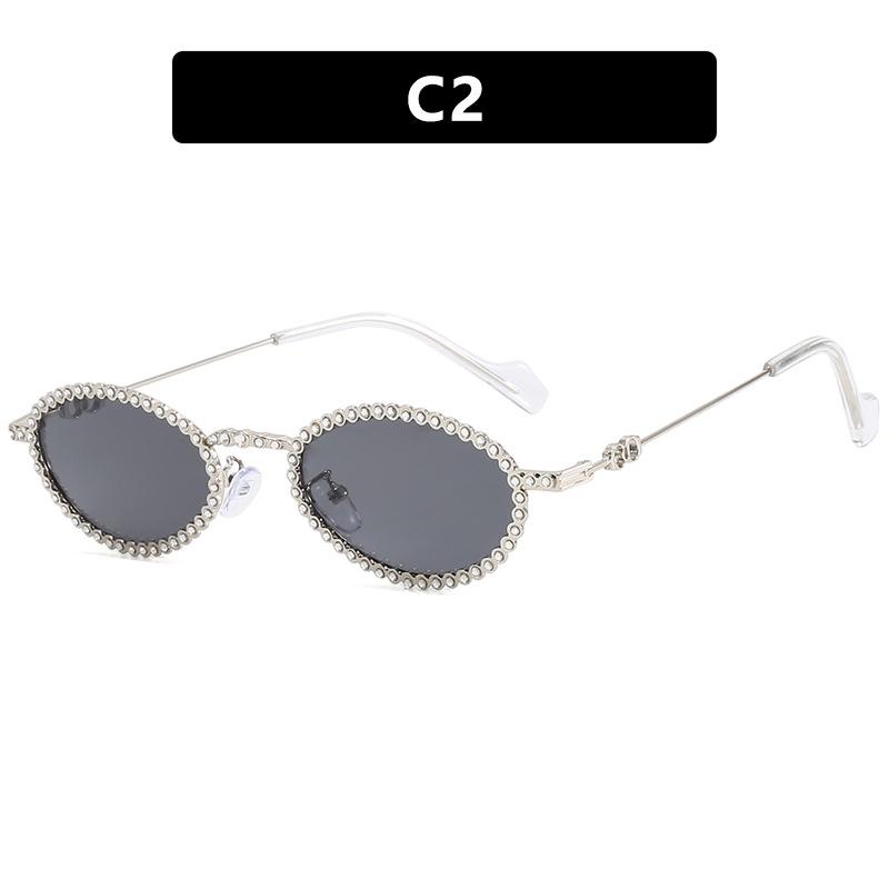 Full diamond oval frame Spice girl feeling ins sunshade sunglasses women's photo concave shape diamond-set retro sunglasses