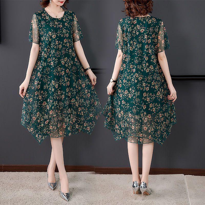 Women's Fashion Summer Spring Floral Print Short Sleeve O-Neck High Waist Casual Dresses