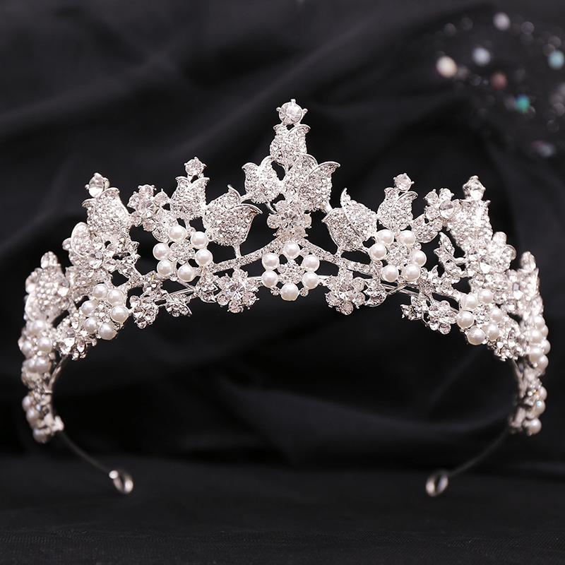 Fashion Bride Crown Headdress Rhinestone Crystal Pearls Flower Tiaras Bridal Diadem for Wedding Dress Hair Jewelry Accessories
