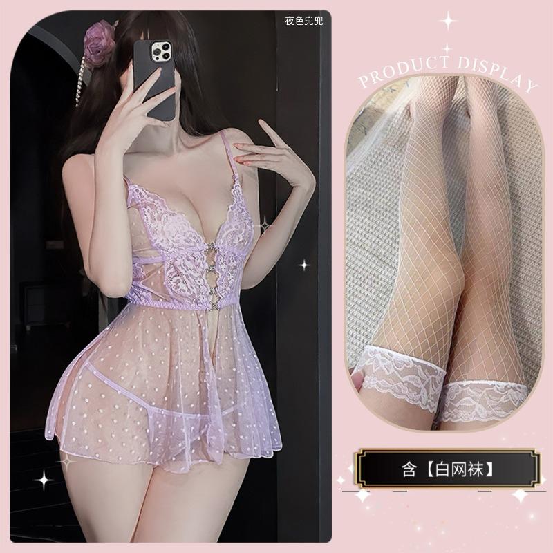 Sex Underwear Lace Pure Desire Wind Hollow Perspective Suspender Mesh Dress Small Chest Nightdress Suit Women