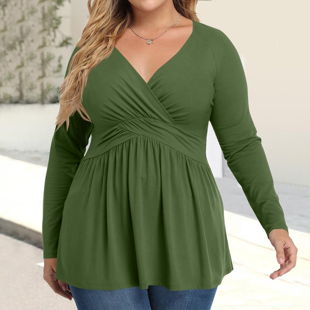 Women's Plus Size Shirt Long Sleeve  Print Top Pleated Casual V-Neck Top