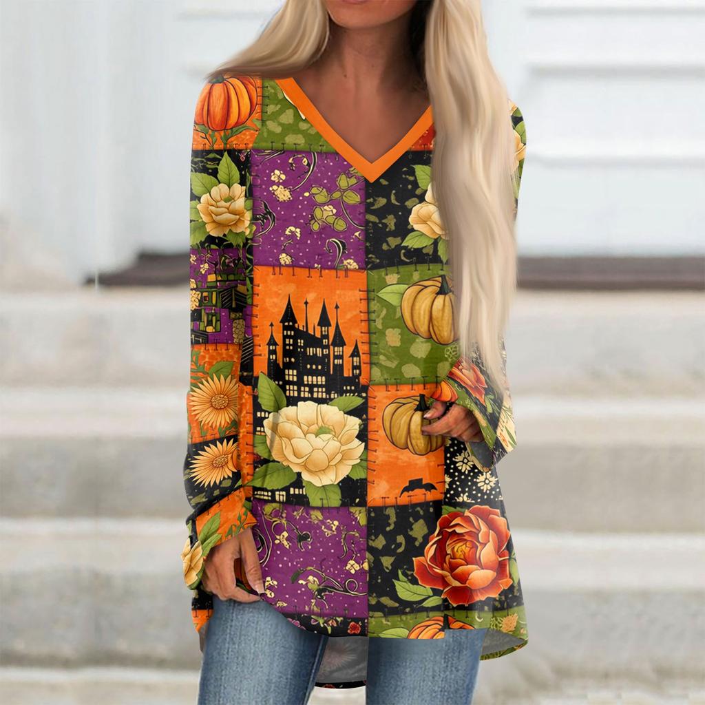 Women's Long Sleeve V-Neck Tunic T-Shirt with Halloween Print for Casual Fall Outings