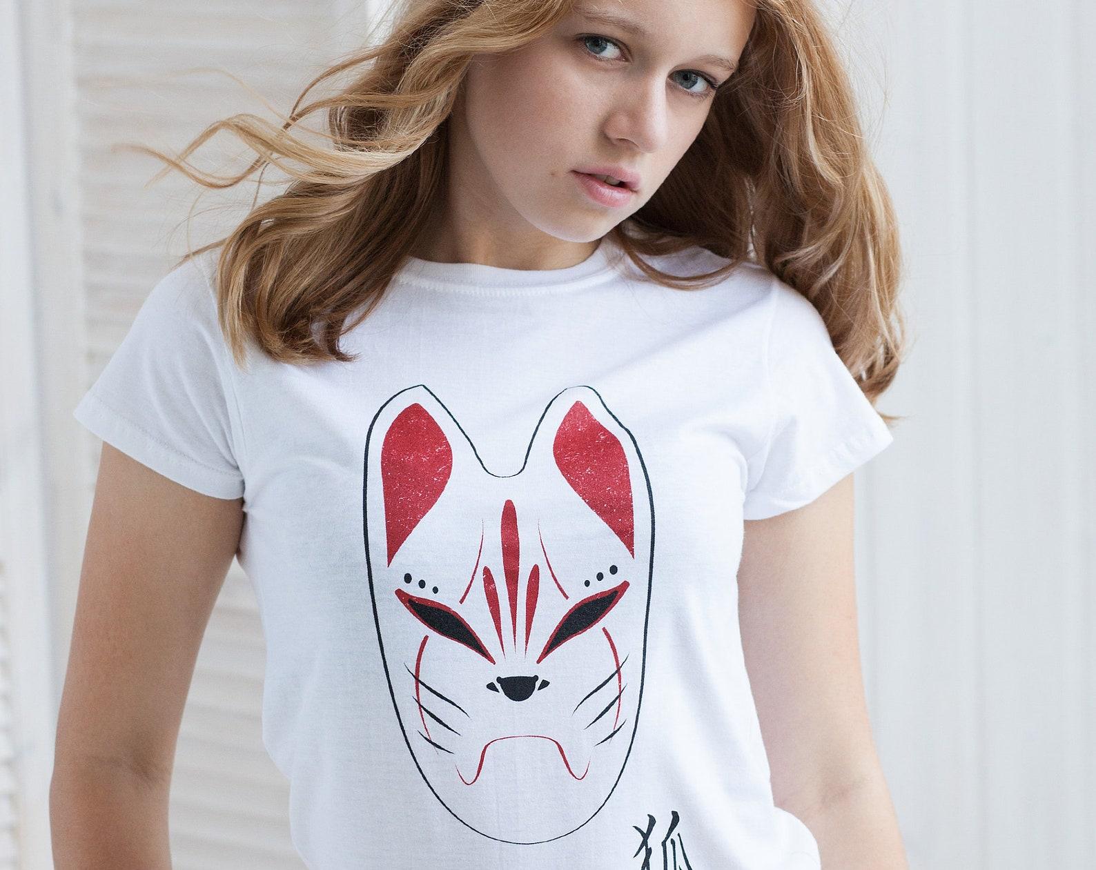 Japanese Kitsune Fox Mask T-Shirt, Harajuku Anime Tee M