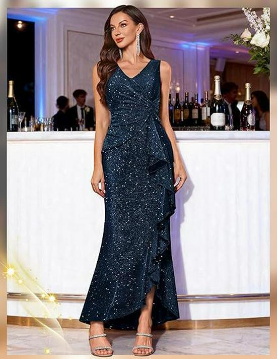 Vestido de Noche Europeo Elegante para Mujer 2025 con Lentejuelas, Cuello en V y Abertura