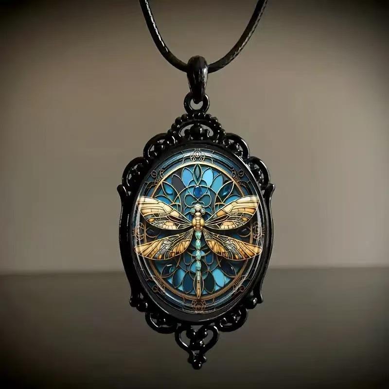 Gothic Retro Butterfly Suneye Life Tree Oval Pendant Black Leather Rope Necklace for Women Halloween Party Amulet Witch Jewelry
