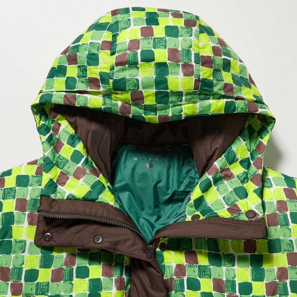 Uniqlo X Marni Collaboration Oil Painting Plaid Hooded Zip Long Sleeve Down Jacket Unisex Outerwear Light-Green 458847-53