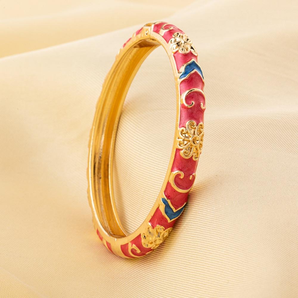 New Colorful Bangle Bracelet Gold Plated Chinese Style Enamel Flower Bracelet Elegant Handmade Cuff Bracelet Women