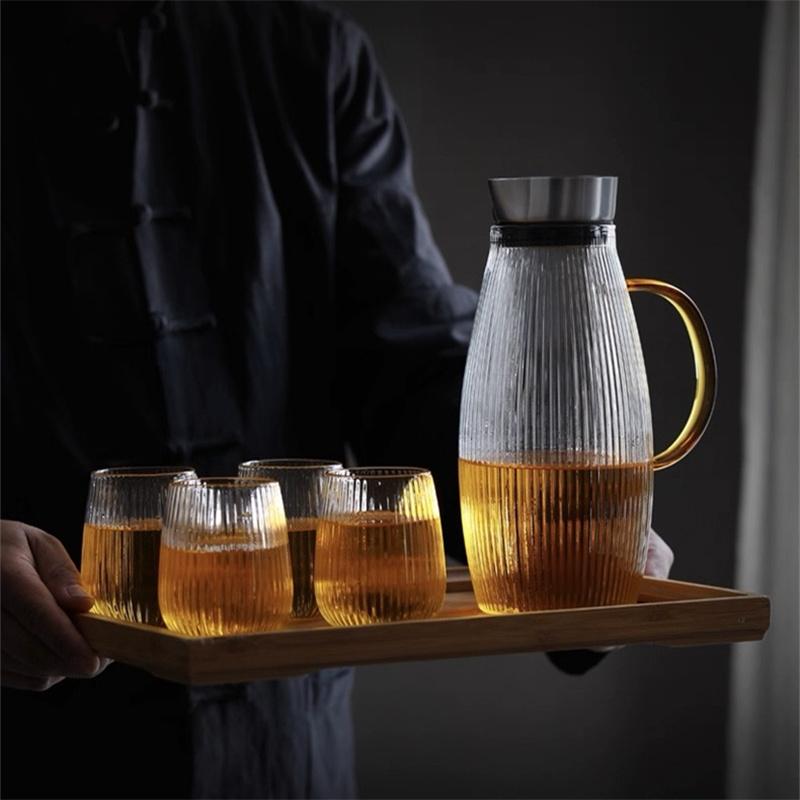 Large-capacity 1500ml Vertical Striped High Borosilicate Glass Cold Kettle Fruit Lemon Water Bottle Beverage Juice Drink Jug 1500ml