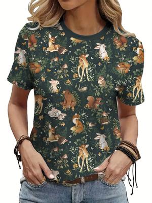 Women's Tee - Forest Animal Pattern Graphic, Whimsical Woodland Print Design for Casual Daily Wear