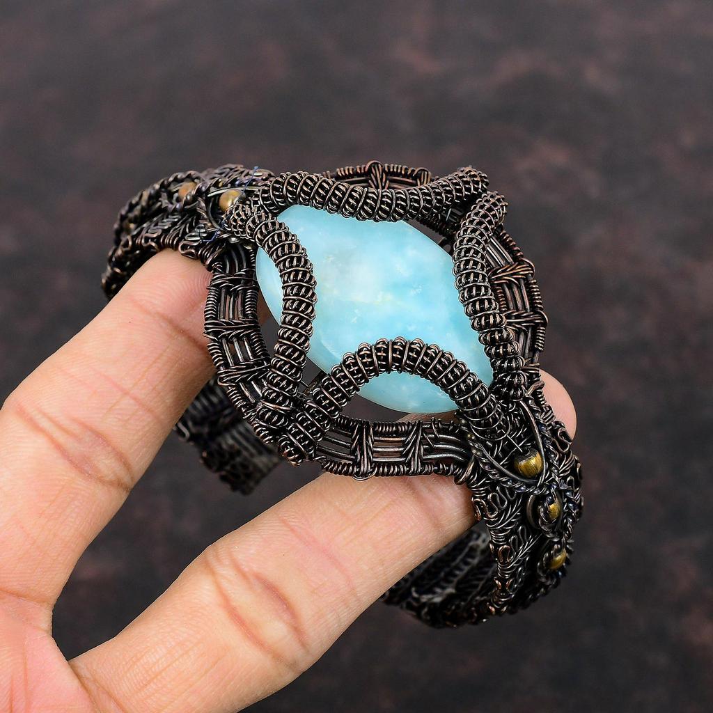 Larimar Manschettenarmband Kupferdraht gewickelt Schmuck verstellbar Manschette Edelstein Armreif Kupferdraht Manschettenarmband handgemachte Armreif Geschenk für Mutter