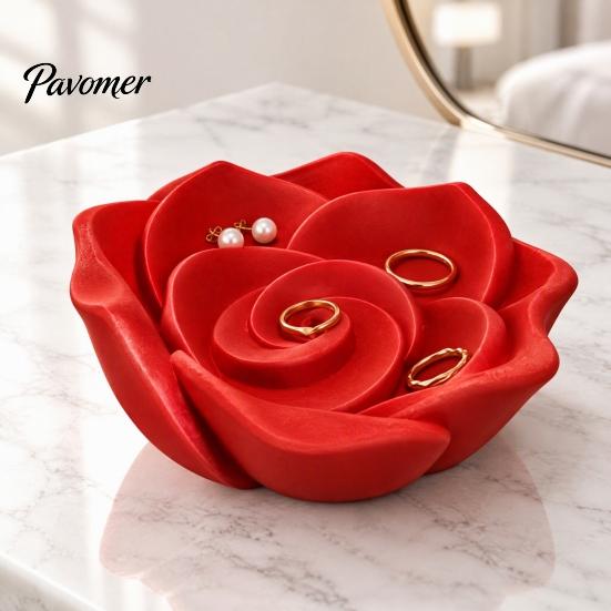 Red Rose Trinket Holder 3D Printed Jewelry Tray, Dish, Decorative Bedroom Dresser Organizer for Ring Earring Necklace, Desktop Storage Tray