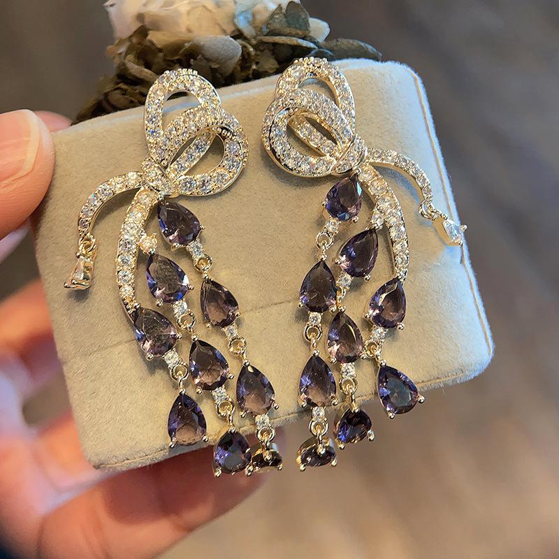 Earrings Bow Knot Water Drops Tassel Earrings Black Cubic Zirconia Personalized And Versatile Earrings