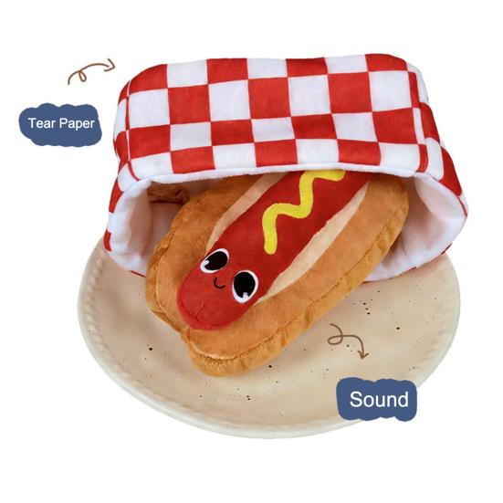 Squeaky Plush Dog Toy Hot Dog Bun Shape Chew Toy Dog Snuffle Toy with Crinkle Paper Puppy Teething Toy for Boredom Relief Interactive Training