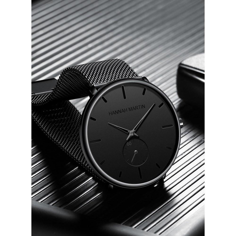 Hannah Martin Men's Ultra-Thin Dress Watch Waterproof Stainless Steel Band Black