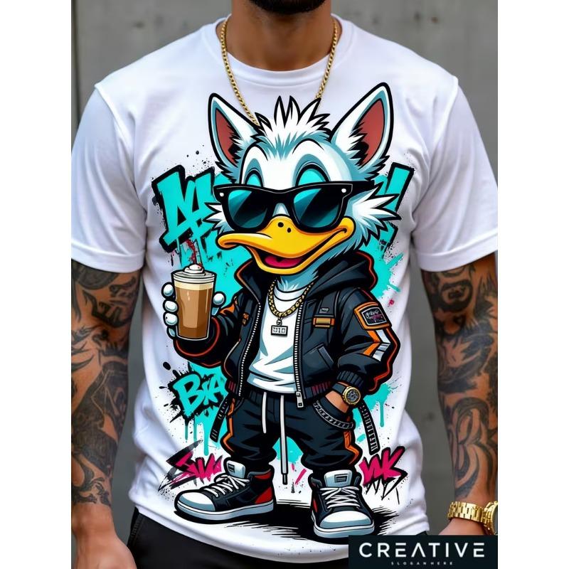 Mens T-shirt cool cartoon duck character sunglasses coffee graffiti splash letter print short sleeve crew neck street casual top