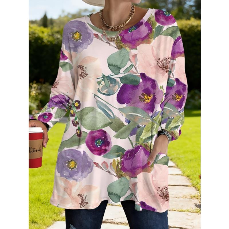 Women s large size with pockets, artistic style printed loose long-sleeved tops, women s spring new style 5XL