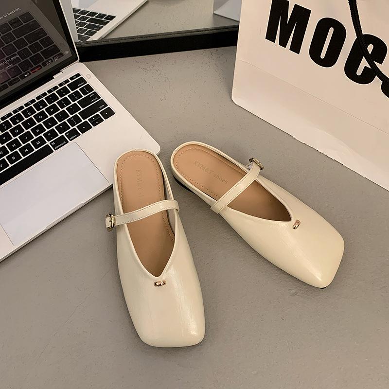 Flat-bottomed Mary Jane Bag Head Half Slippers Women's Outer Wear Spring New Soft-soled Square Head Shoes Sandals