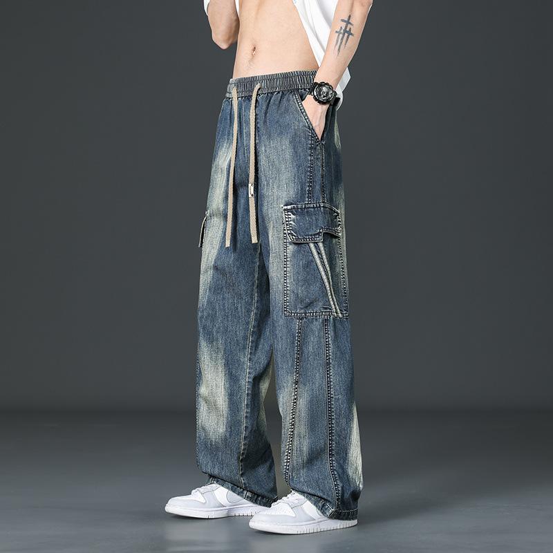 

Мужские джинсы больших размеров в стиле ретро, летние тонкие брюки с широкими прямыми штанинами L синий