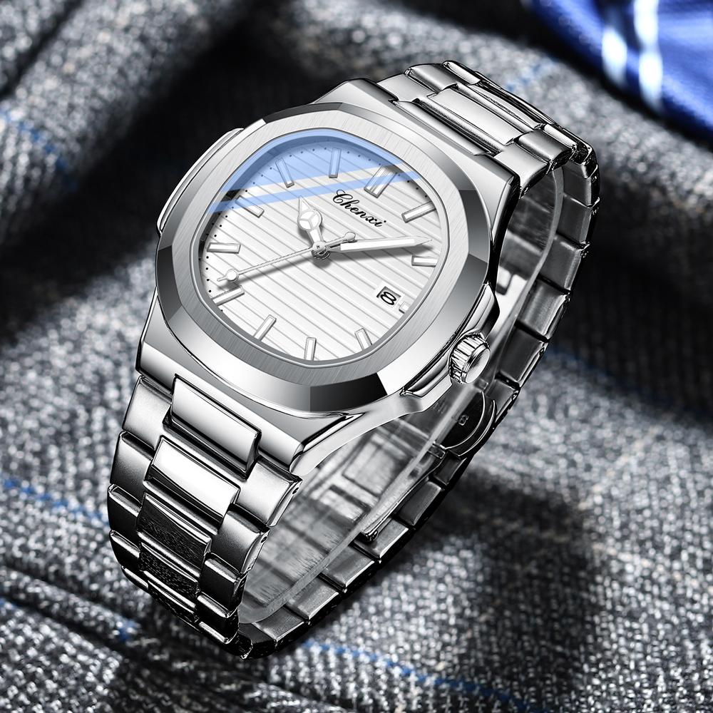 CHENXI Solid Stainless Steel Strap Quartz Watch Men Octagonal Alloy Case Striped Dial Business Men's Wristwatches with Calendar