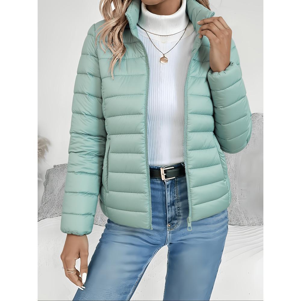 (Order A Size Up)Women Spring Slim‑Fit Lightweight Padded Jacket Stand Collar Zipper Long Sleeve Solid Color Elegant Versatile Cropped Coat ()