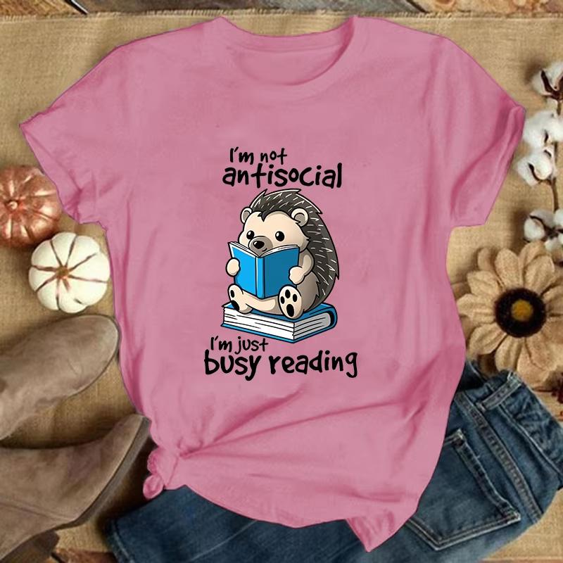 

Premium TshirtHedgehog IM Not Antisocial IM Just Busy Reading Print TShirts for Women Summer Short Sleeve Round Neck 4XL