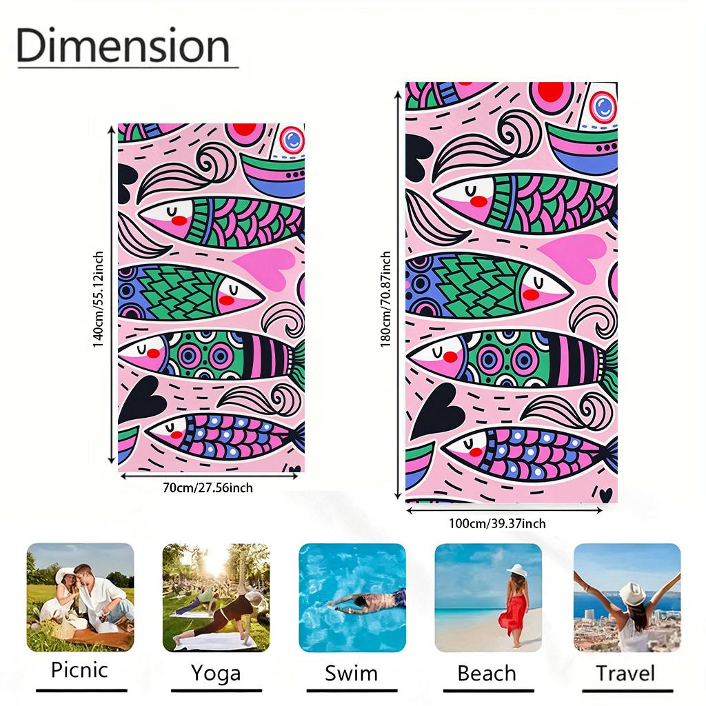 1Pc Pink Cartoon Art Fish Beach Towel Large Towel Super Absorbent Suitable For Beach Vacation Pool Summer Gift For Friends
