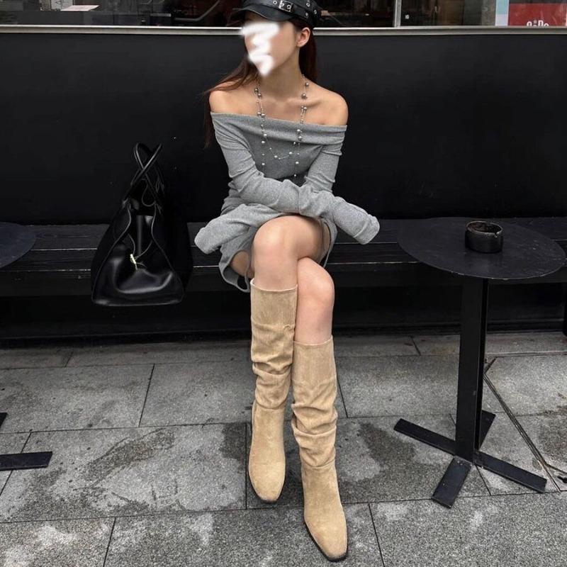 Neue Damen Herbst- und Winterschuhe mit dickem Absatz, High-Top Retro Schlankmachende Plissierte Stiefel