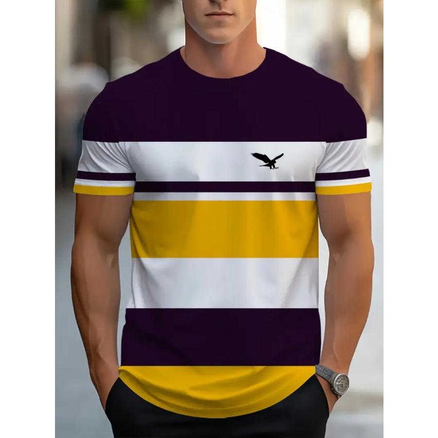 Men Bird Striped T Shirt Short Sleeve O-Neck TShirt Vintage Sport Casual Large Size T-Shirts Men’s