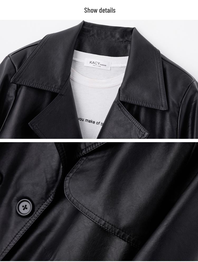 Women's PU Leather Trench Coat with Suit Collar, Double-Breasted, Mid-Length, Waist-Slimming for Spring/Autumn - Model YG82936.