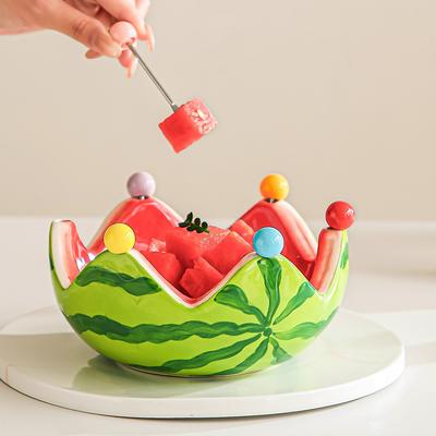 Ceramic Tableware Watermelon-shaped Bowl Fruit Fork Dish Creative Cute Stainless Steel Small Fork Home Living Room Fruit Bowl