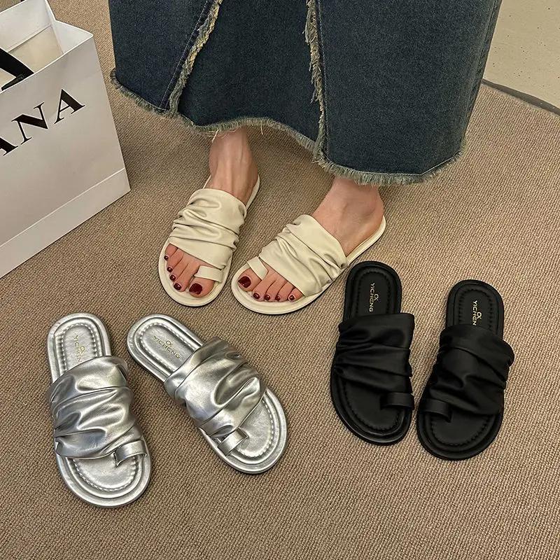 Fashion Off White Shoes Flat On Beach Open Toe Outside Word Women's Slippers and Ladies Sandals Slides Trend Footwear Unique B F I Sale