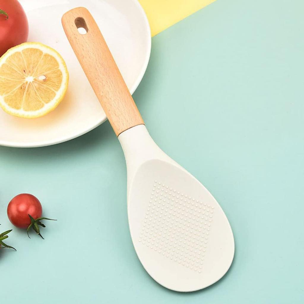 Silicone Rice Scoop With Wooden Handle, Non-stick Rice Cooker Spatula, Suitable For Serving Rice, Cooking Sushi, And Serving Other Foods.