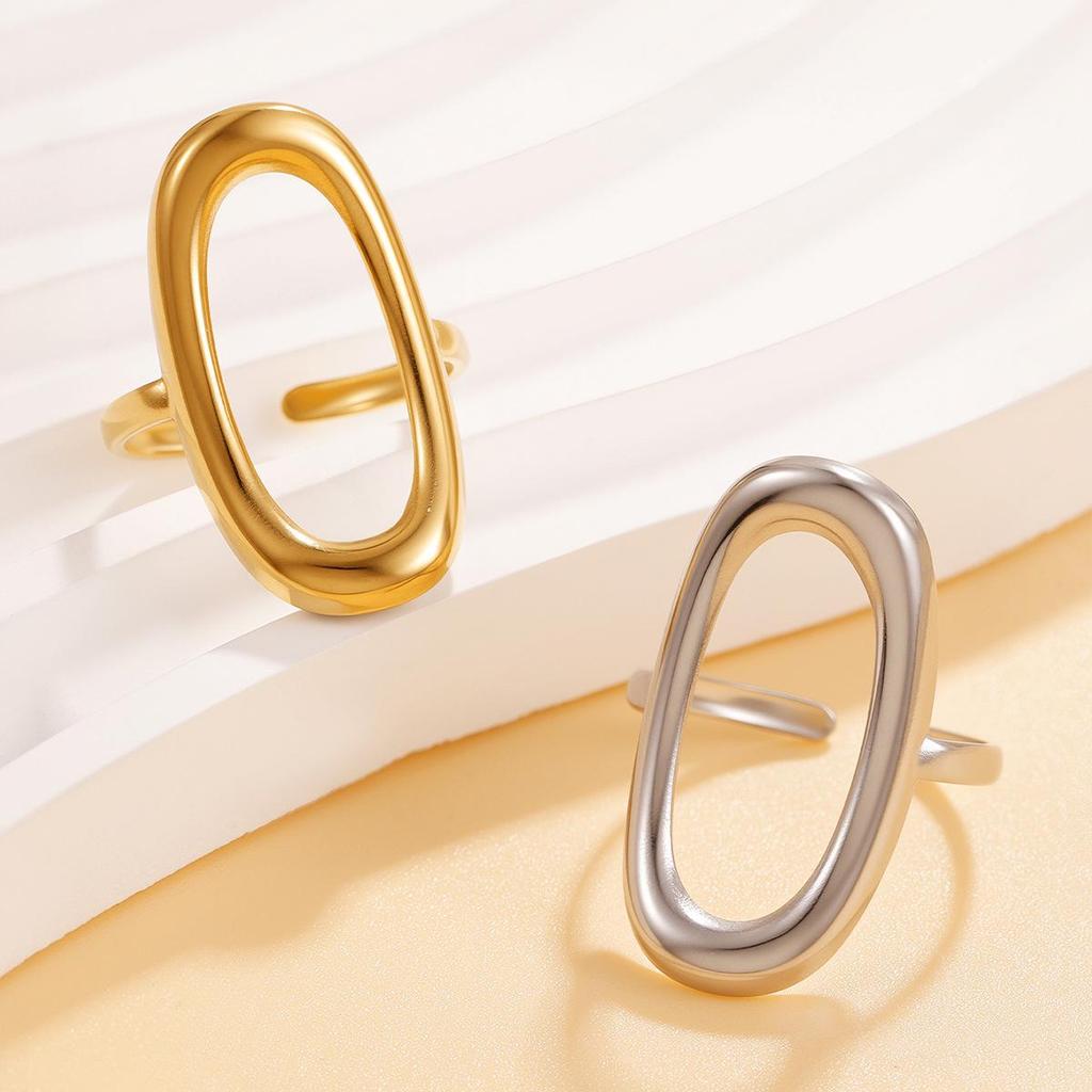 Adjustable Geometric Oval Stainless Steel Ring In Minimalist Style
