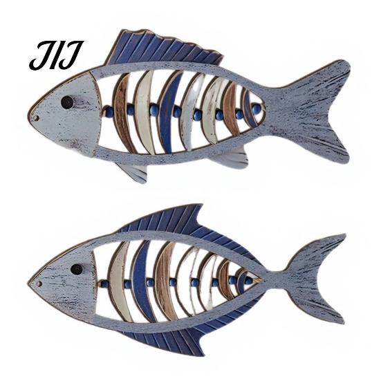 Ocean Theme Wood Art 2Pcs Mediterranean Style Wooden Fish Wall Hanging, Hollow Skeleton Summer Beach Party Decor Decor, Vintage Nautical Ornament for