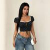 French Square Collar Polka Dot Bubble Sleeve Top for Women's Summer, Spice Girl Style Lace-up Waist and Thin T-shirt for Women
