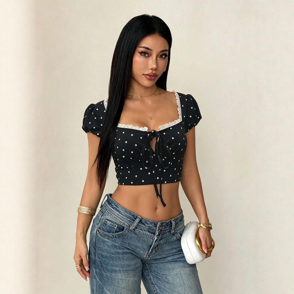French Square Collar Polka Dot Bubble Sleeve Top for Women's Summer, Spice Girl Style Lace-up Waist and Thin T-shirt for Women